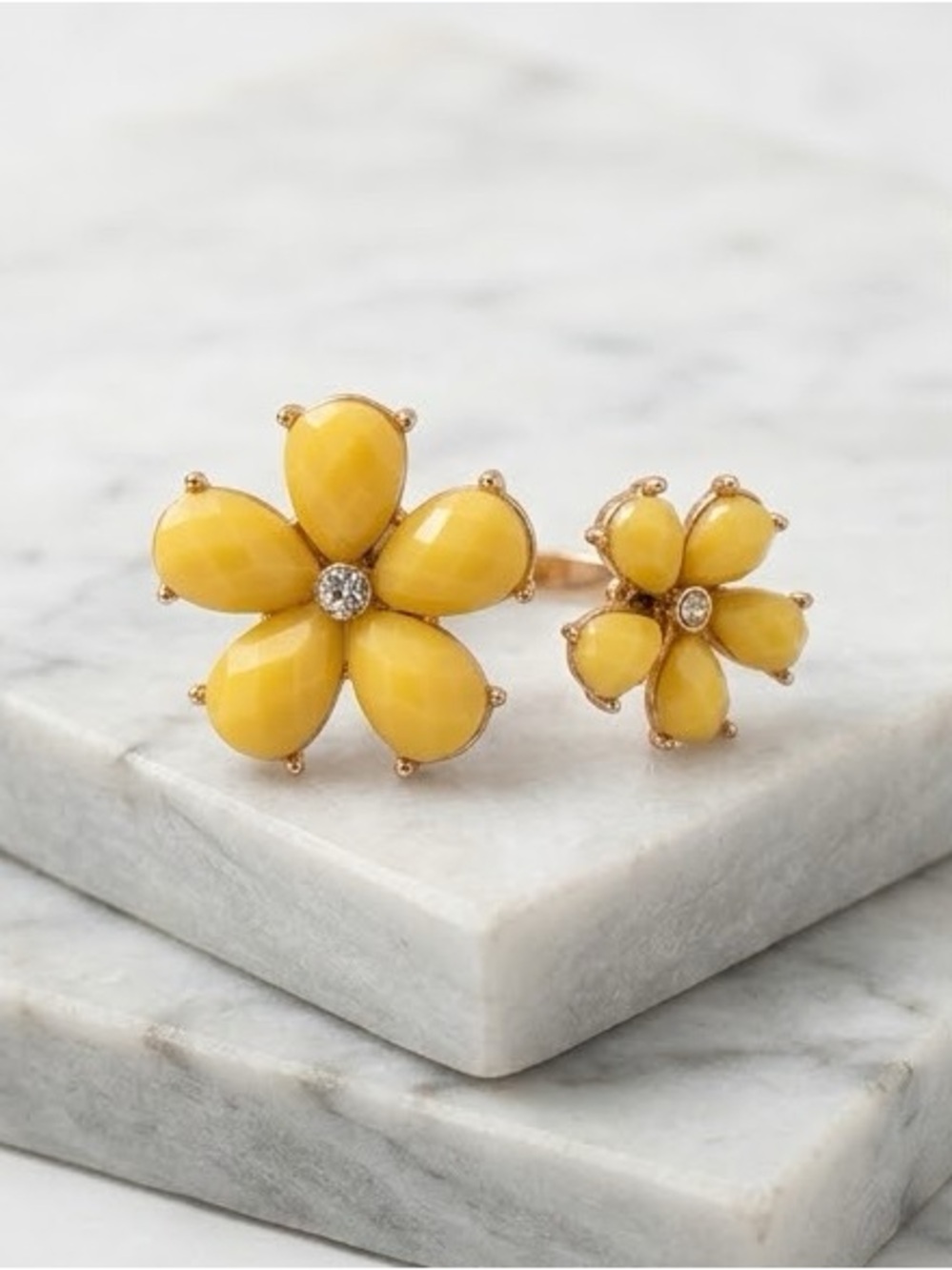 Elegant Yellow Double Flower Floral Cocktail Statement Ring - Size 7